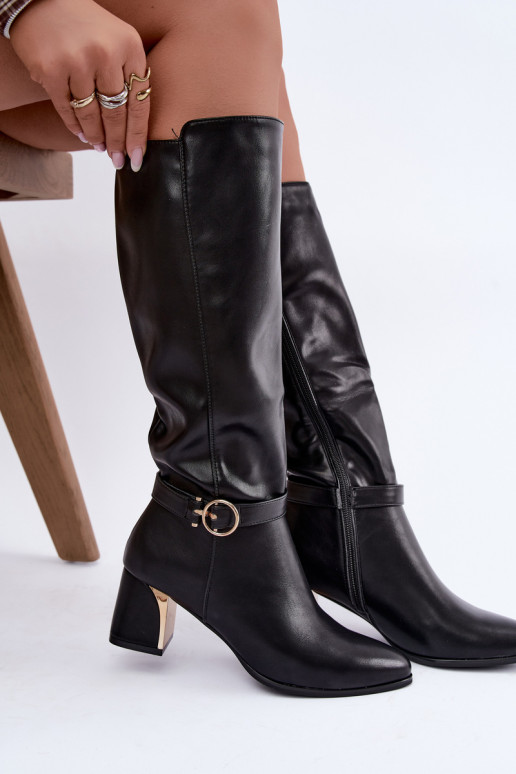 botas longas forradas com salto e saltos decorados na cor preta Senvia