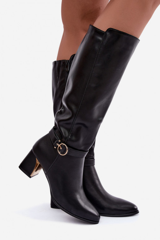 botas longas forradas com salto e saltos decorados na cor preta Senvia