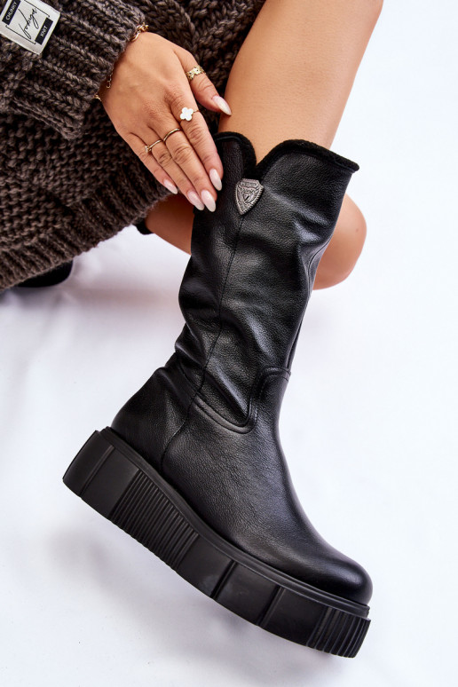Botas de couro femininas com lã Zazoo 70121 pretas