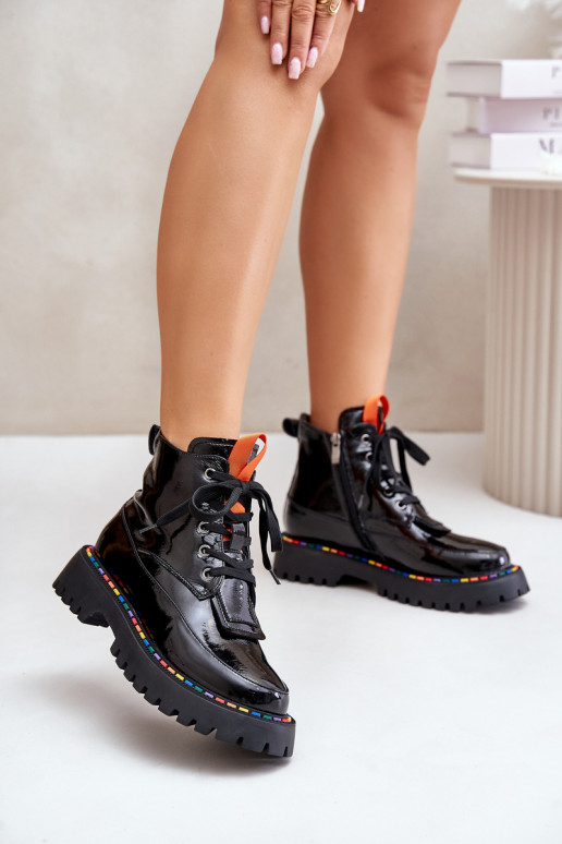 Botas de trabalho em couro com efeito verniz pretas Anafra