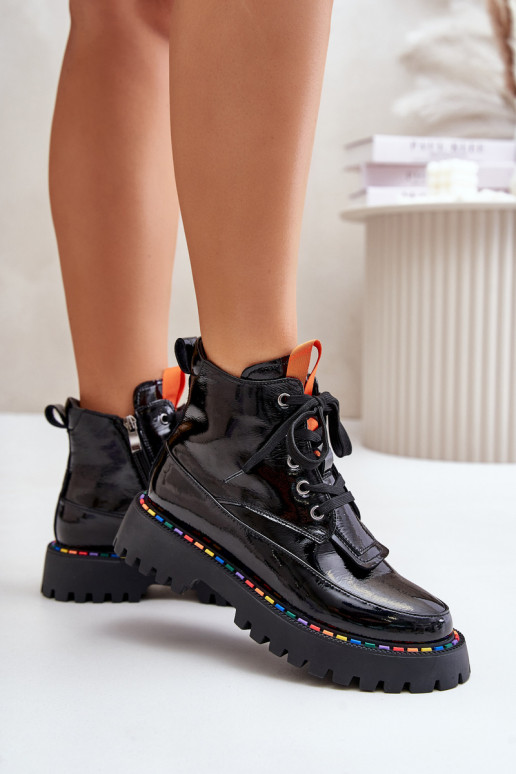 Botas de trabalho em couro com efeito verniz pretas Anafra