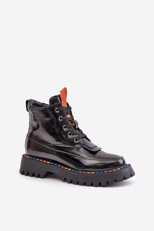 Botas de trabalho em couro com efeito verniz pretas Anafra