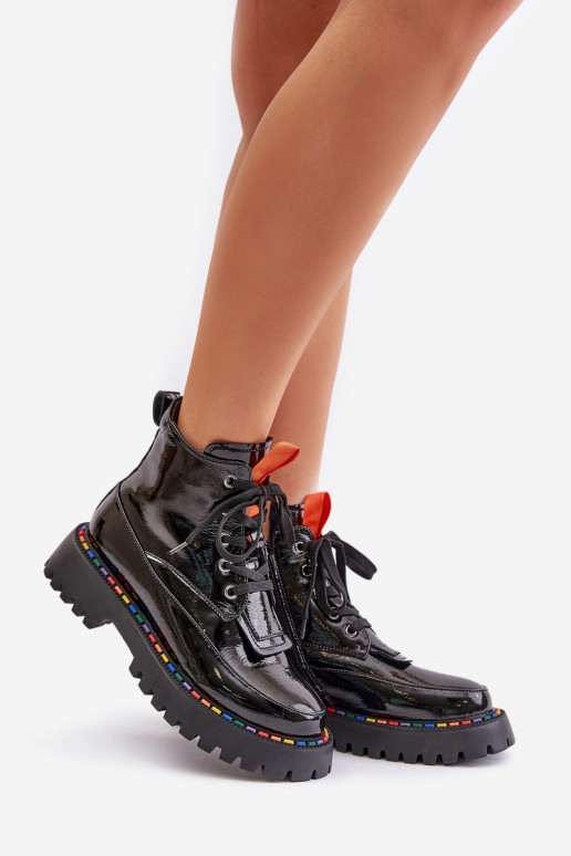 Botas de trabalho em couro com efeito verniz pretas Anafra