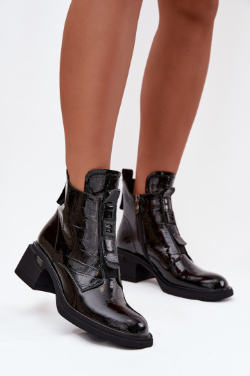 Botins de couro femininos com detalhe em relevo pretos Lorenza 2