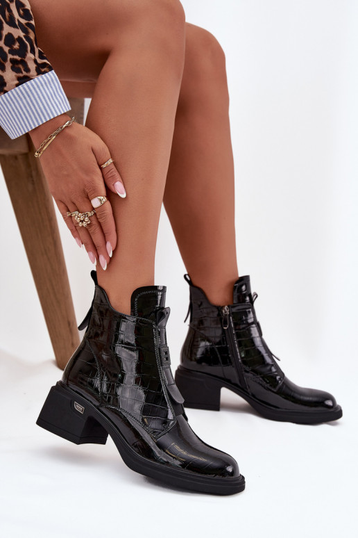 Botins de couro femininos com detalhe em relevo pretos Lorenza