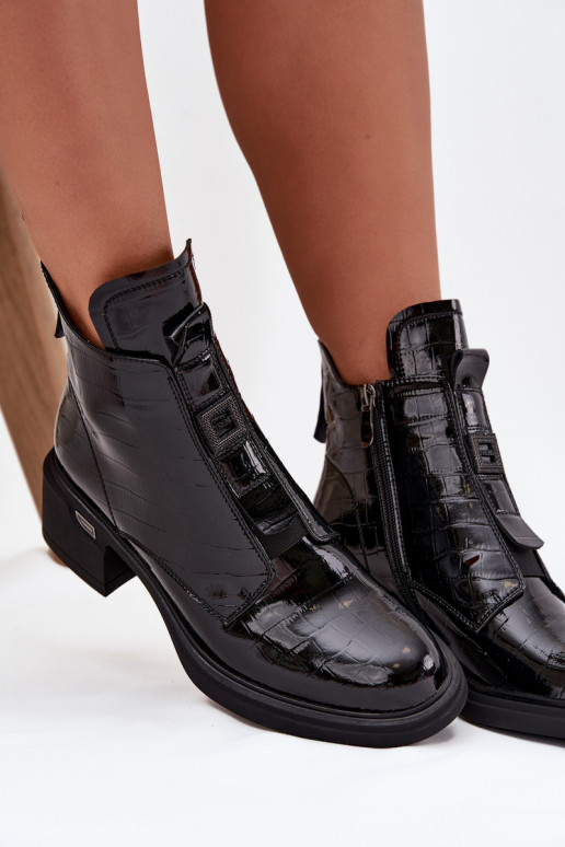 Botins de couro femininos com detalhe em relevo pretos Lorenza