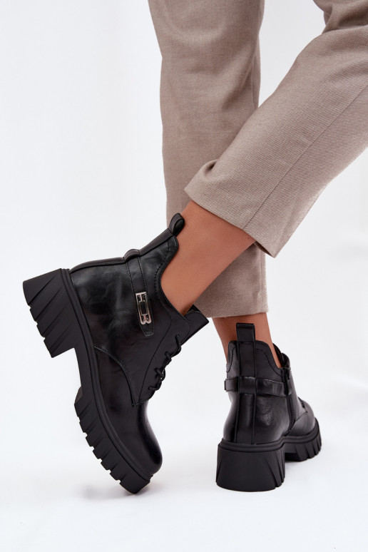 Botins baixos quentes femininos com saltos decorados pretos Therisse