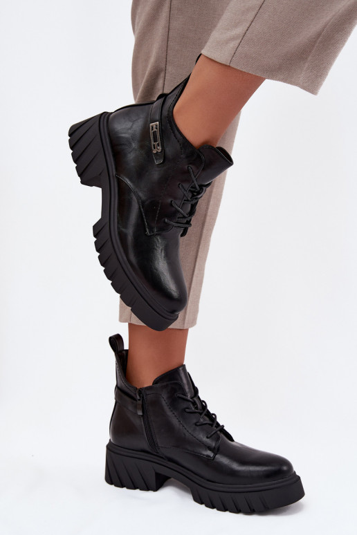 Botins baixos quentes femininos com saltos decorados pretos Therisse