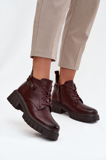 Botins baixos quentes femininos com saltos decorados bordô Therisse