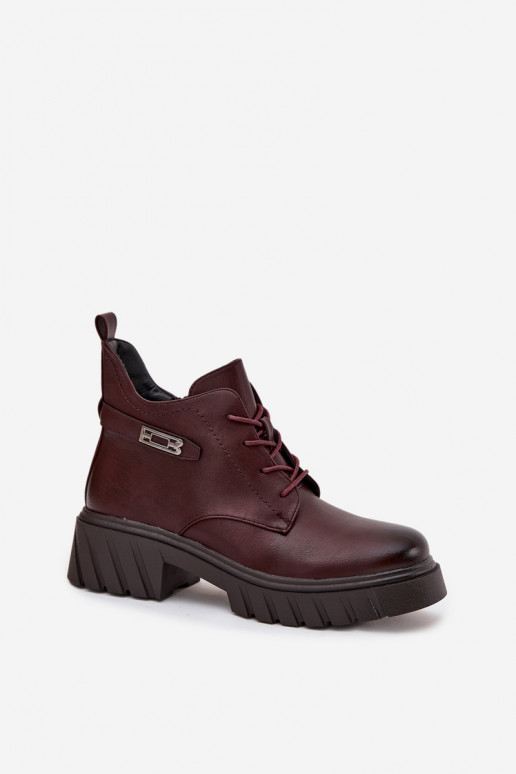 Botins baixos quentes femininos com saltos decorados bordô Therisse