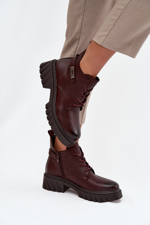 Botins baixos quentes femininos com saltos decorados bordô Therisse