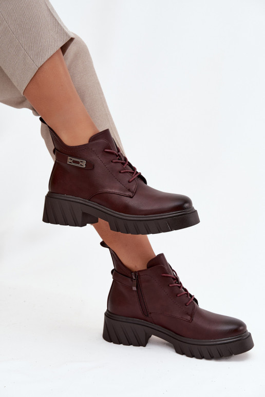 Botins baixos quentes femininos com saltos decorados bordô Therisse
