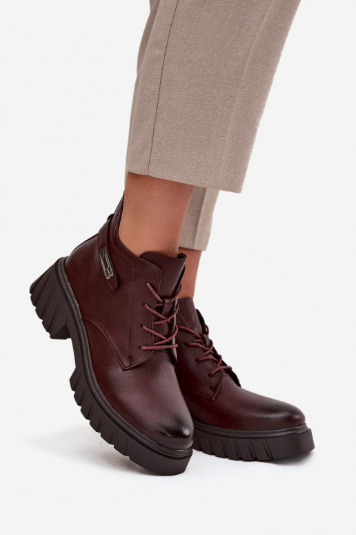 Botins baixos quentes femininos com saltos decorados bordô Therisse