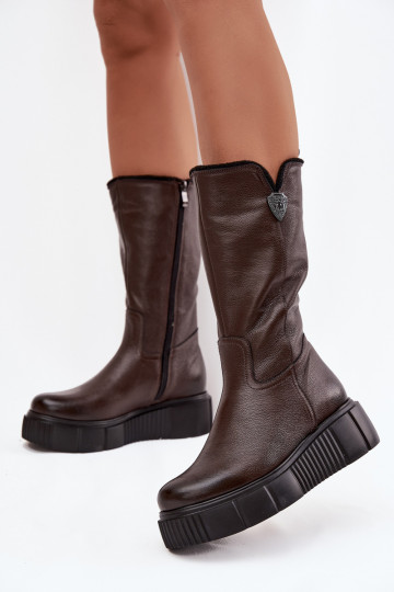 Botas de couro femininas com lã Zazoo 70121 chocolate