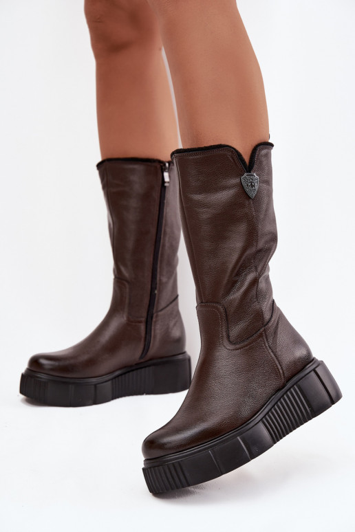 Botas de couro femininas com lã Zazoo 70121 chocolate
