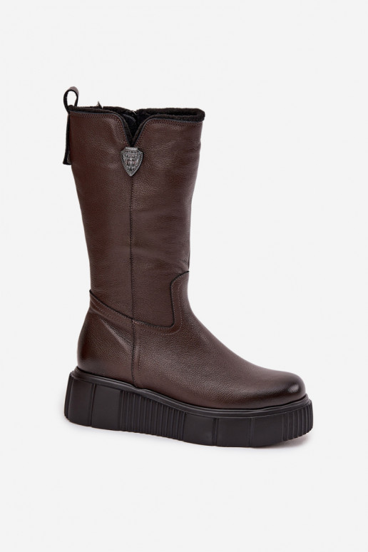 Botas de couro femininas com lã Zazoo 70121 chocolate