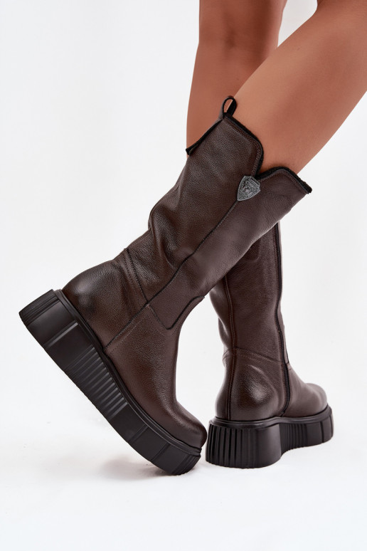 Botas de couro femininas com lã Zazoo 70121 chocolate
