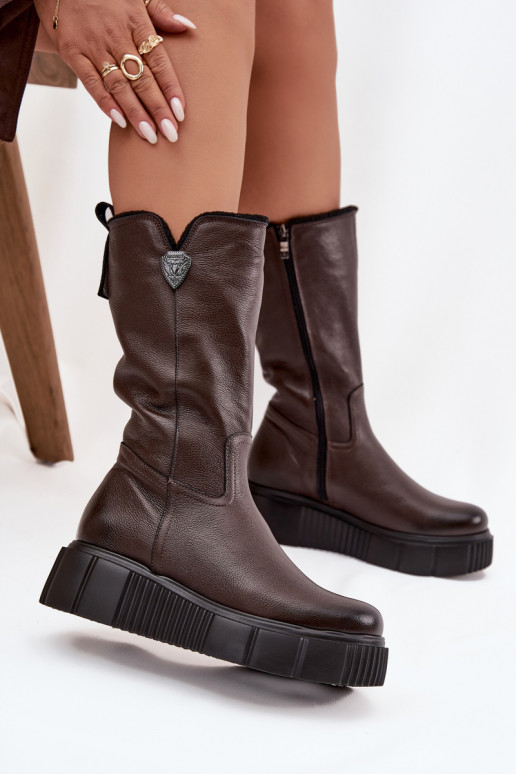 Botas de couro femininas com lã Zazoo 70121 chocolate