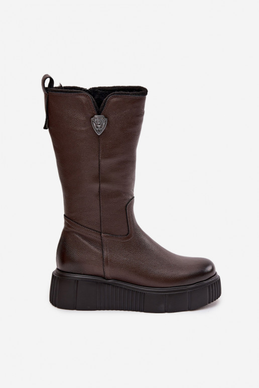 Botas de couro femininas com lã Zazoo 70121 chocolate