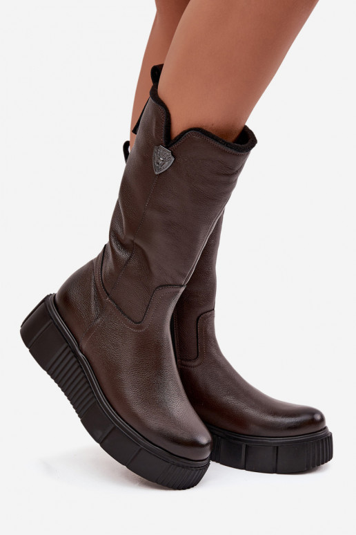 Botas de couro femininas com lã Zazoo 70121 chocolate