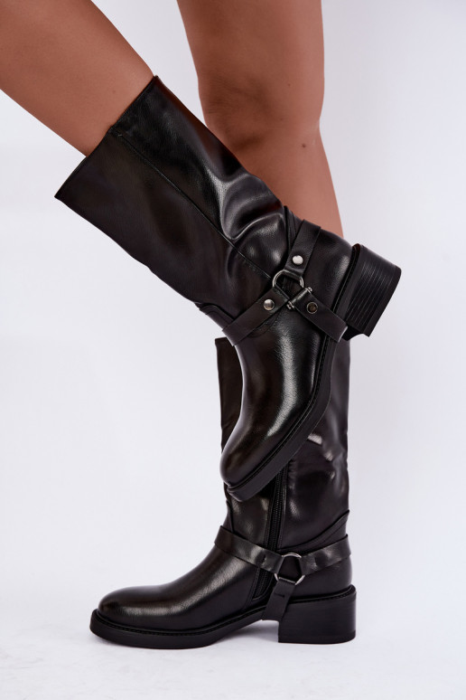 Botins aquecidos com tiras decorativas na cor preta Galdine