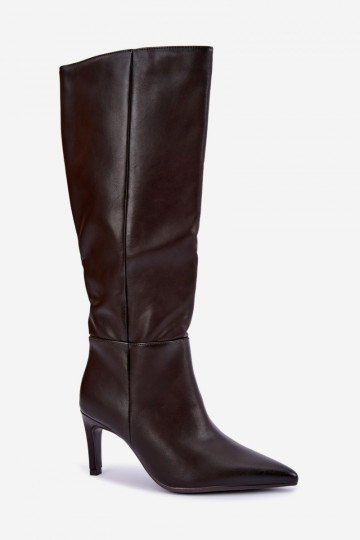 Botas altas aquecidas com babados e saltos na cor chocolate Rodeline