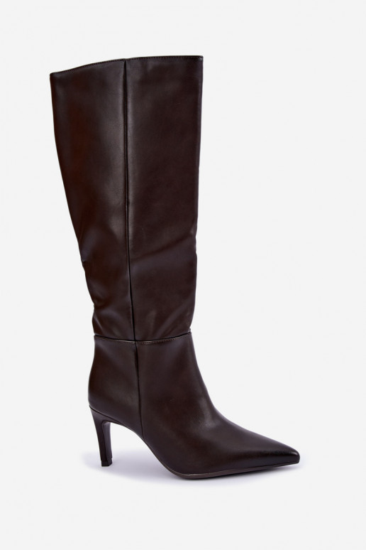 Botas altas aquecidas com babados e saltos na cor chocolate Rodeline