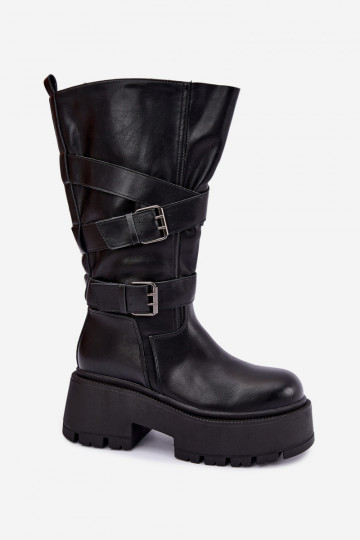 Botas altas com plataforma e tiras na cor preta Delsenne