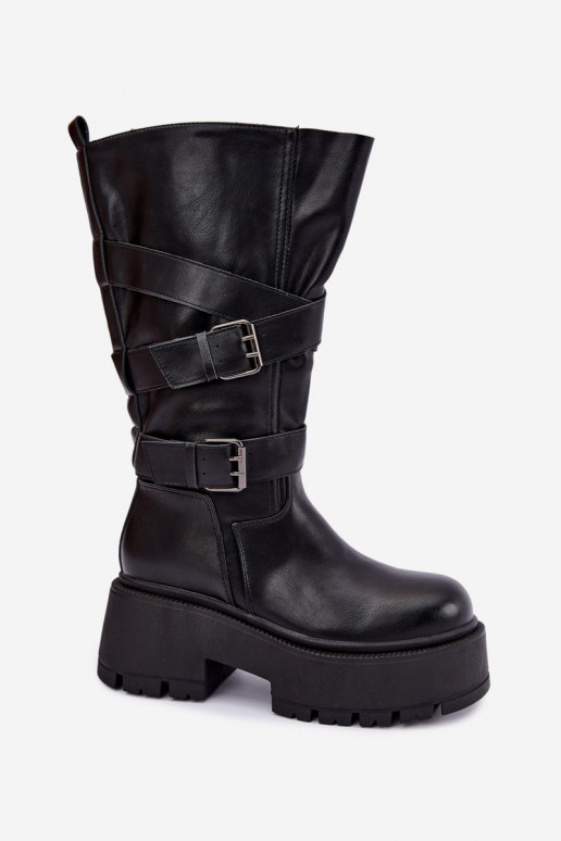Botas altas com plataforma e tiras na cor preta Delsenne