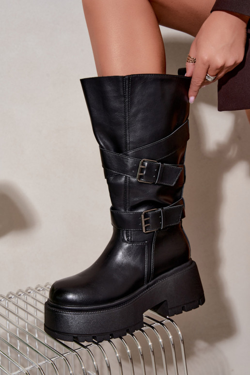 Botas altas com plataforma e tiras na cor preta Delsenne