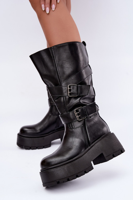 Botas altas com plataforma e tiras na cor preta Delsenne