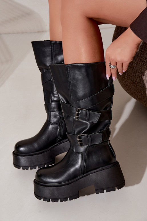 Botas altas com plataforma e tiras na cor preta Delsenne