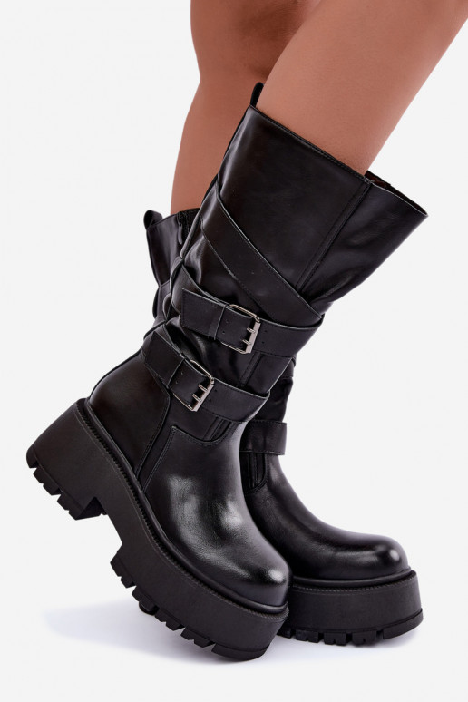 Botas altas com plataforma e tiras na cor preta Delsenne