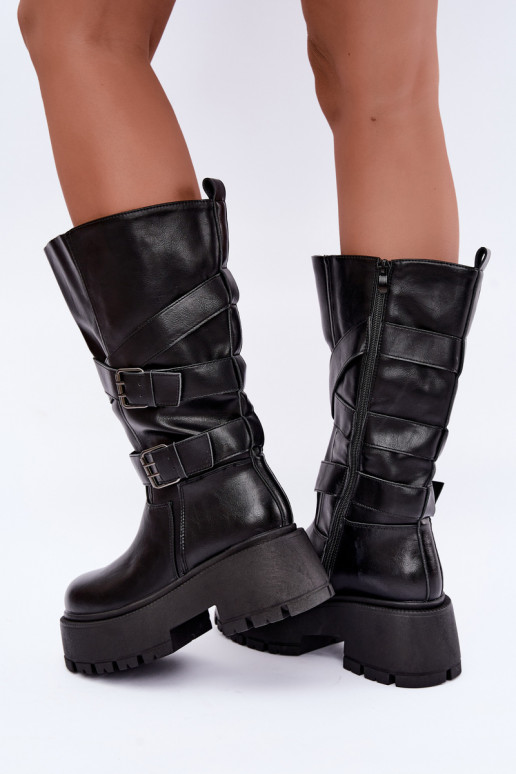 Botas altas com plataforma e tiras na cor preta Delsenne
