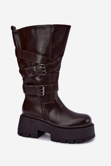 Botas altas com plataforma e tiras na cor chocolate Delsenne