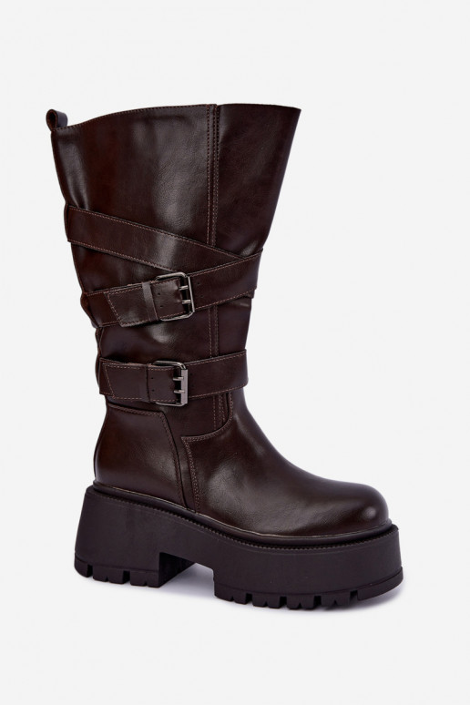 Botas altas com plataforma e tiras na cor chocolate Delsenne