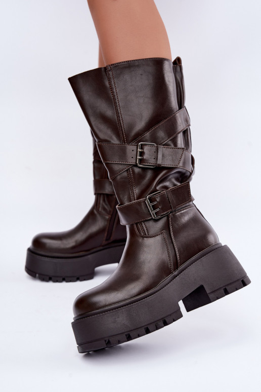 Botas altas com plataforma e tiras na cor chocolate Delsenne