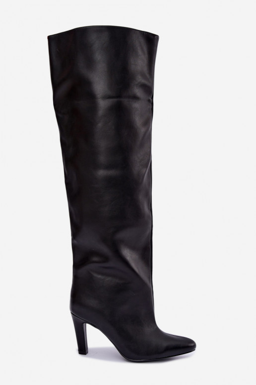 Botas altas slip-on femininas com saltos pontudos acima do joelho na cor preta Emorine