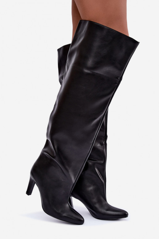 Botas altas slip-on femininas com saltos pontudos acima do joelho na cor preta Emorine