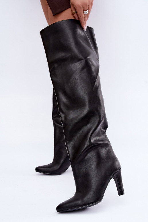 Botas altas slip-on femininas com saltos pontudos acima do joelho na cor preta Emorine
