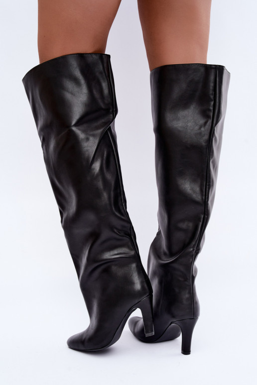 Botas altas slip-on femininas com saltos pontudos acima do joelho na cor preta Emorine