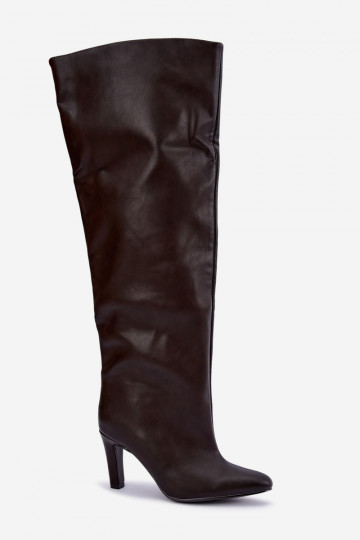 Botas altas slip-on femininas com saltos pontudos acima do joelho na cor chocolate Emorine
