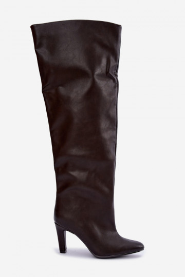 Botas altas slip-on femininas com saltos pontudos acima do joelho na cor chocolate Emorine 2
