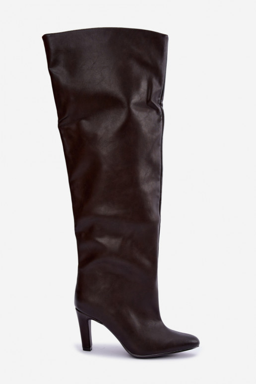 Botas altas slip-on femininas com saltos pontudos acima do joelho na cor chocolate Emorine
