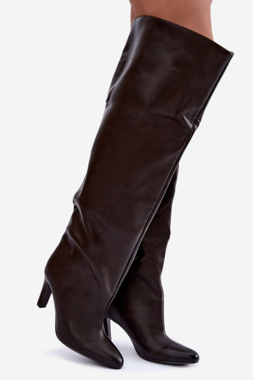 Botas altas slip-on femininas com saltos pontudos acima do joelho na cor chocolate Emorine