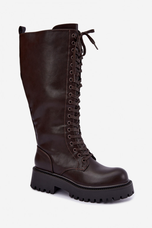 Botas altas femininas aquecidas com plataforma e cadarços na cor chocolate Kasmina