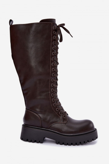 Botas altas femininas aquecidas com plataforma e cadarços na cor chocolate Kasmina 2