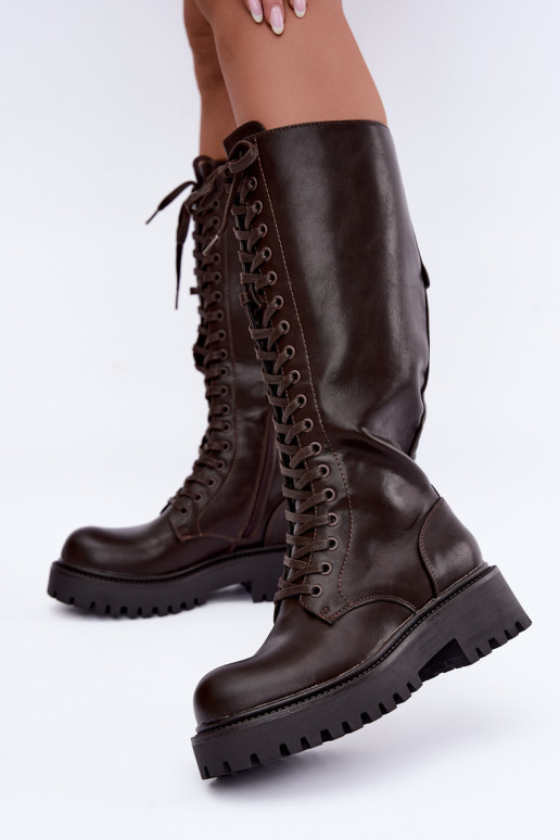 Botas altas femininas aquecidas com plataforma e cadarços na cor chocolate Kasmina
