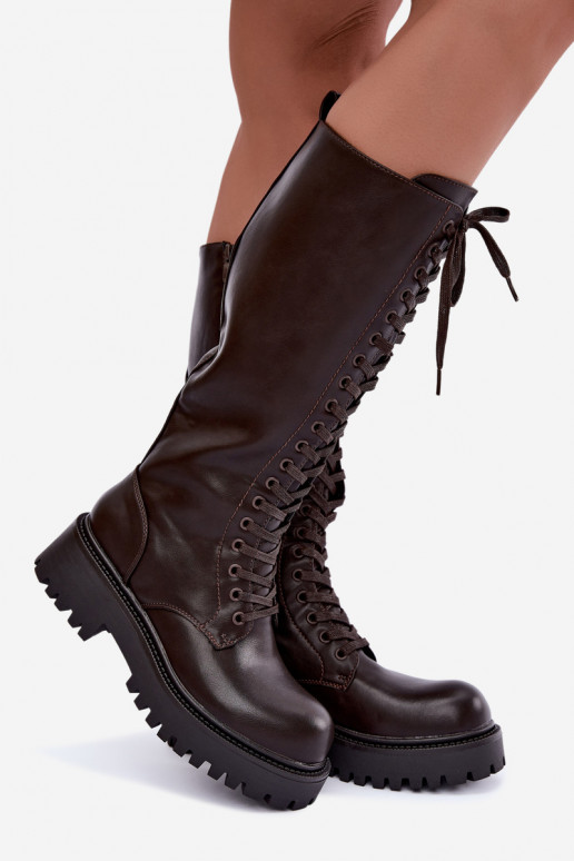Botas altas femininas aquecidas com plataforma e cadarços na cor chocolate Kasmina