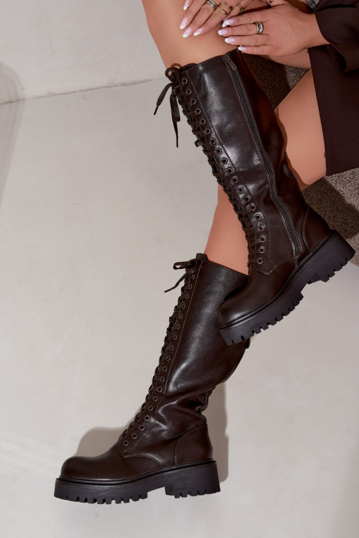 Botas altas femininas aquecidas com plataforma e cadarços na cor chocolate Kasmina